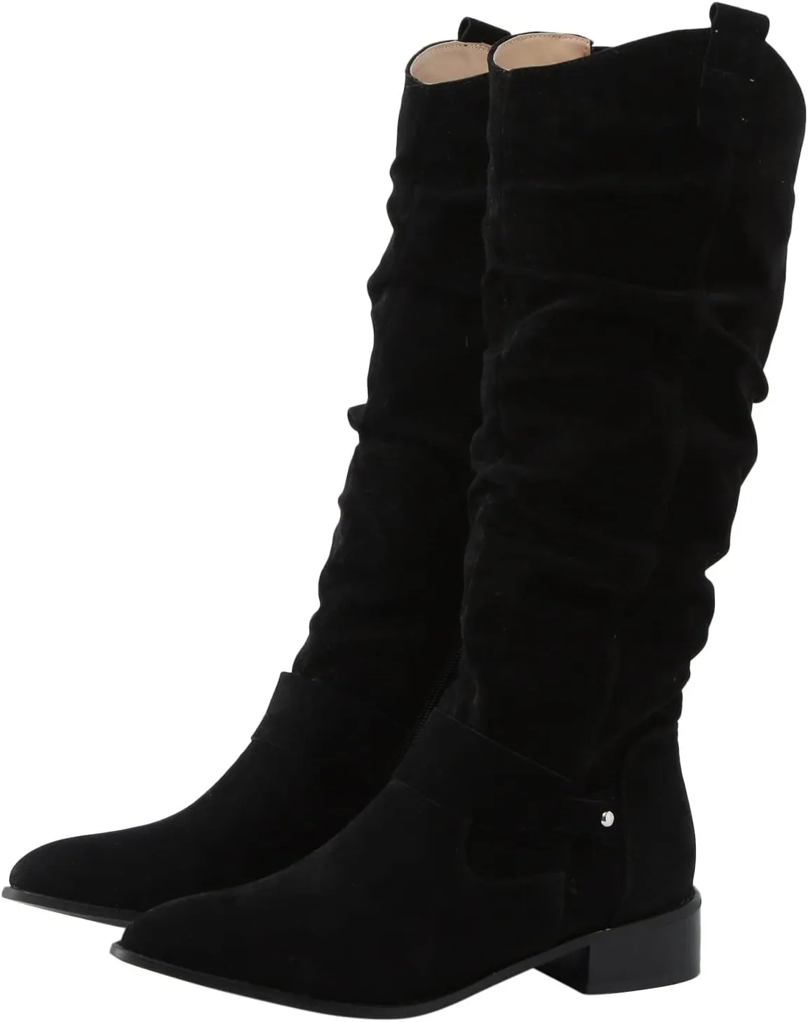 Ankle Boots For Women Retro Solid Color Thigh High Boots Pleated Suede Chunky Heeled Knee High Cowgirl Boots