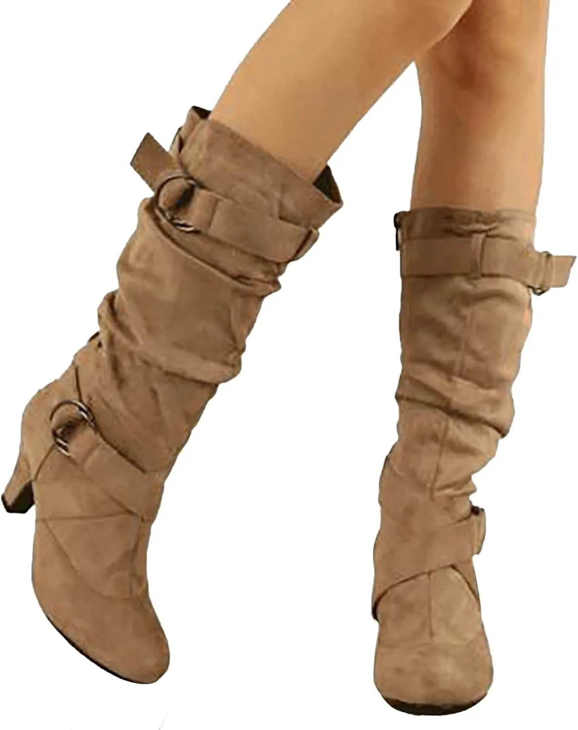 Ankle Boots For Women Suede Cross Belt Thigh High Boots Low Heeled Pull On Knee High Boots Mid Calf Bootie