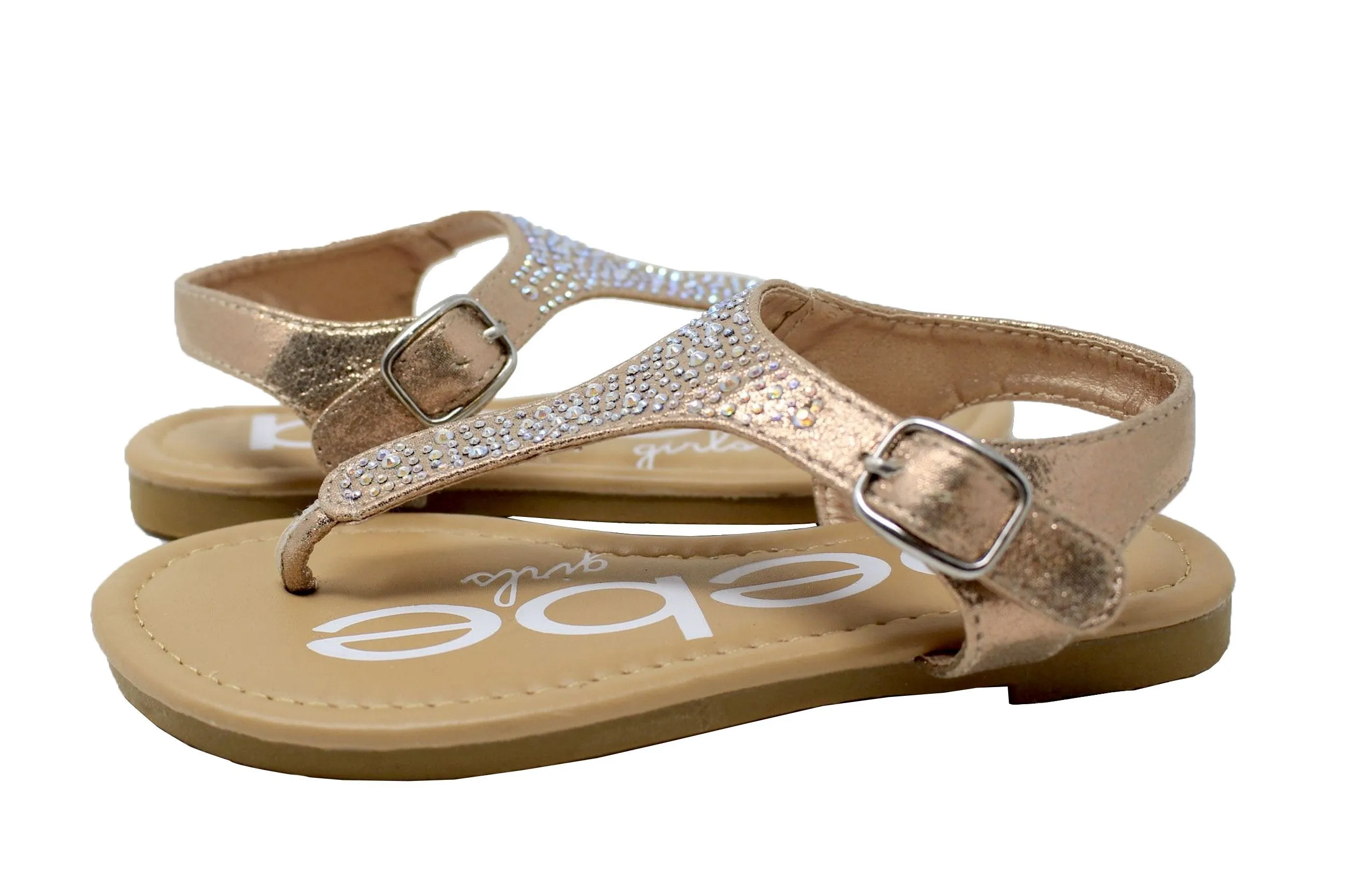 Bebe Girls Big Kid Metallic Rhinestone Thong Slide Sandal With Adjustable Back Strap - Fashion Summer Bling Shoes