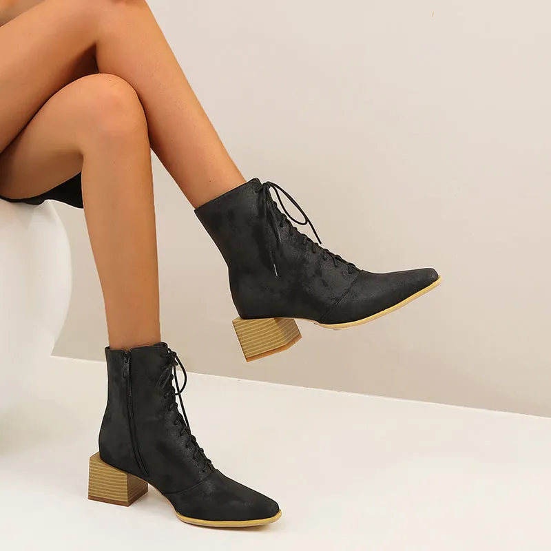 Bigsizeheels Frosted ankle boots with wooden heel straps - Black