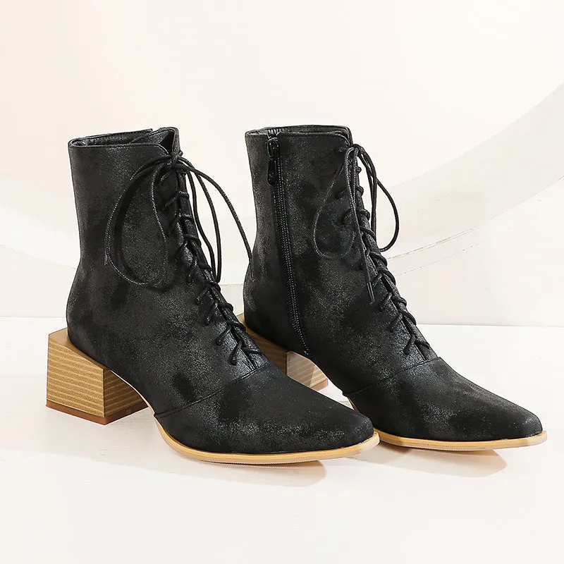 Bigsizeheels Frosted ankle boots with wooden heel straps - Black