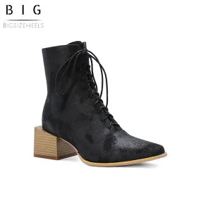 Bigsizeheels Frosted ankle boots with wooden heel straps - Black