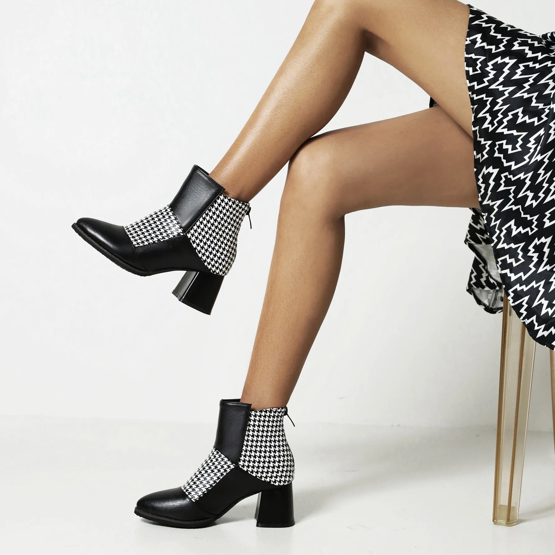 Bigsizeheels Retro thick heel Ankle Boots - Houndstooth