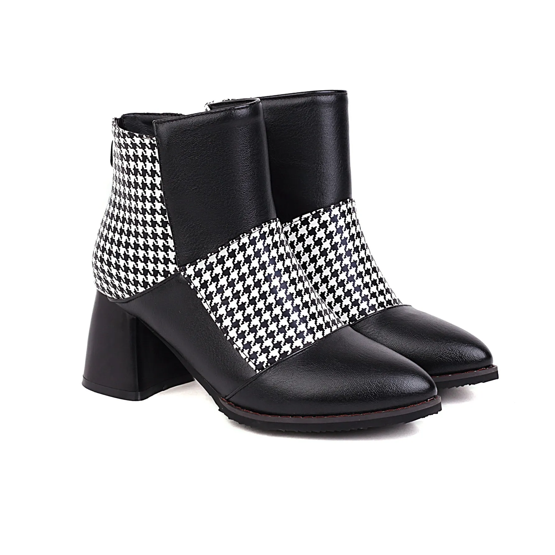 Bigsizeheels Retro thick heel Ankle Boots - Houndstooth