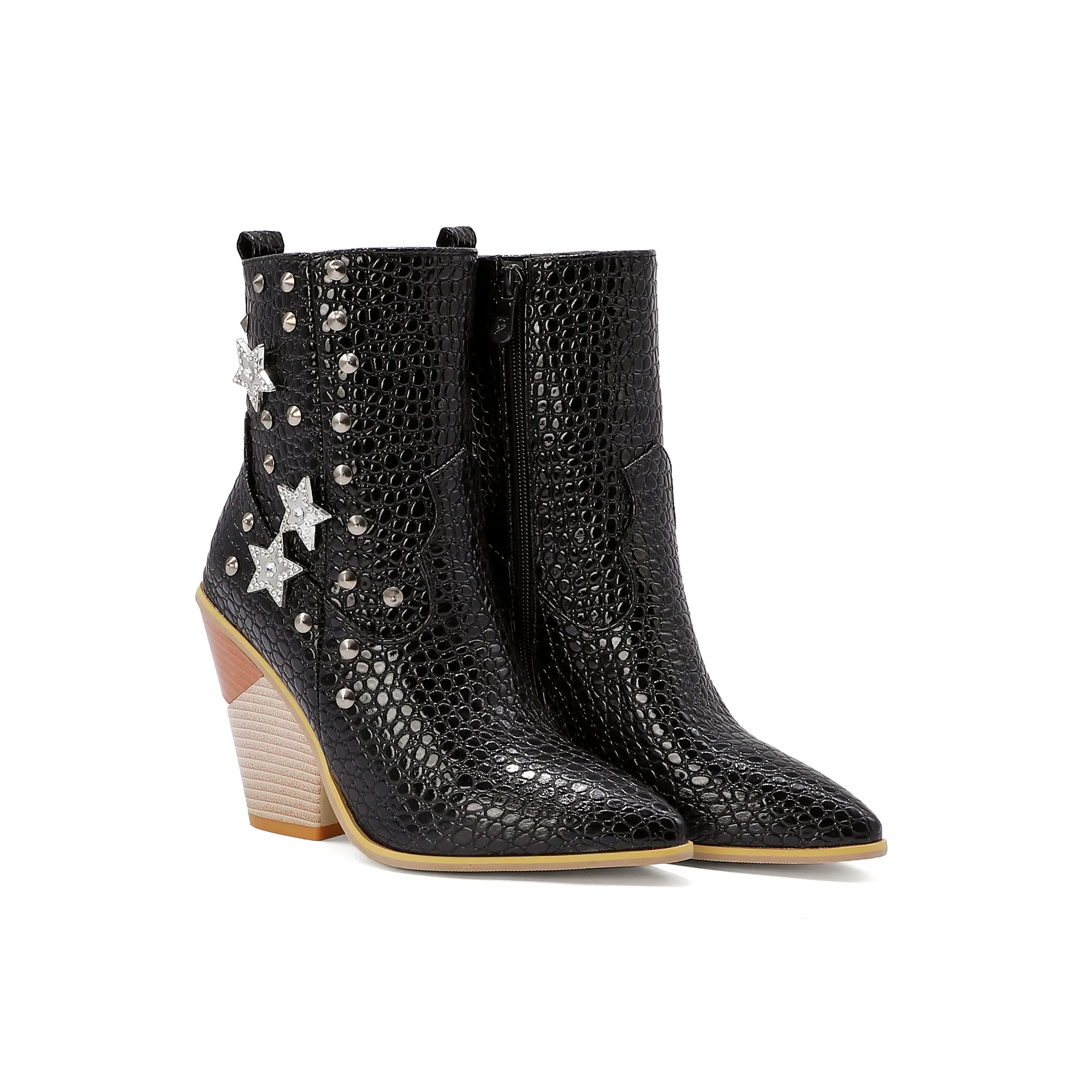 Bigsizeheels Rivet vintage zipper leather ankle boots - Black