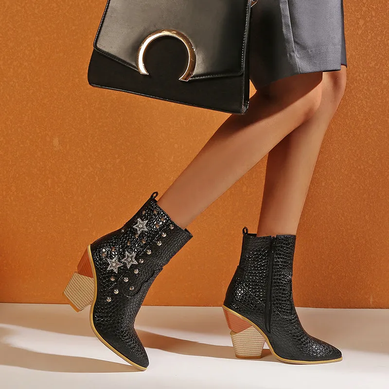 Bigsizeheels Rivet vintage zipper leather ankle boots - Black