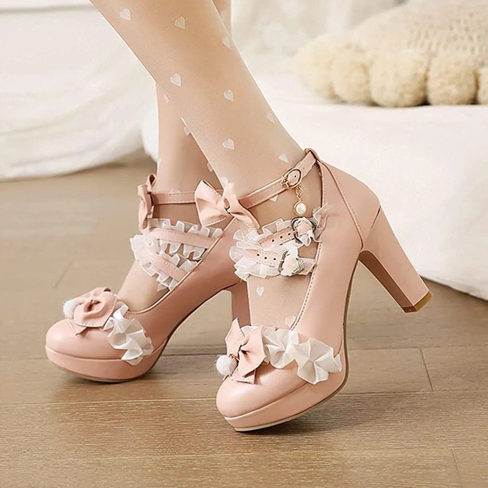ClassicSter Womens Platform Mary Janes High Chunky Heel Cross Strap Sweet Bow Oxford Gothic Lolita Shoes Dress Pumps