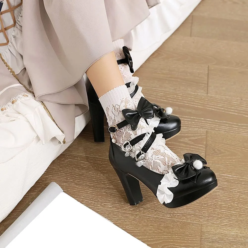 ClassicSter Womens Platform Mary Janes High Chunky Heel Cross Strap Sweet Bow Oxford Gothic Lolita Shoes Dress Pumps