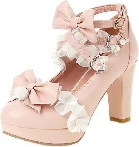 ClassicSter Womens Platform Mary Janes High Chunky Heel Cross Strap Sweet Bow Oxford Gothic Lolita Shoes Dress Pumps