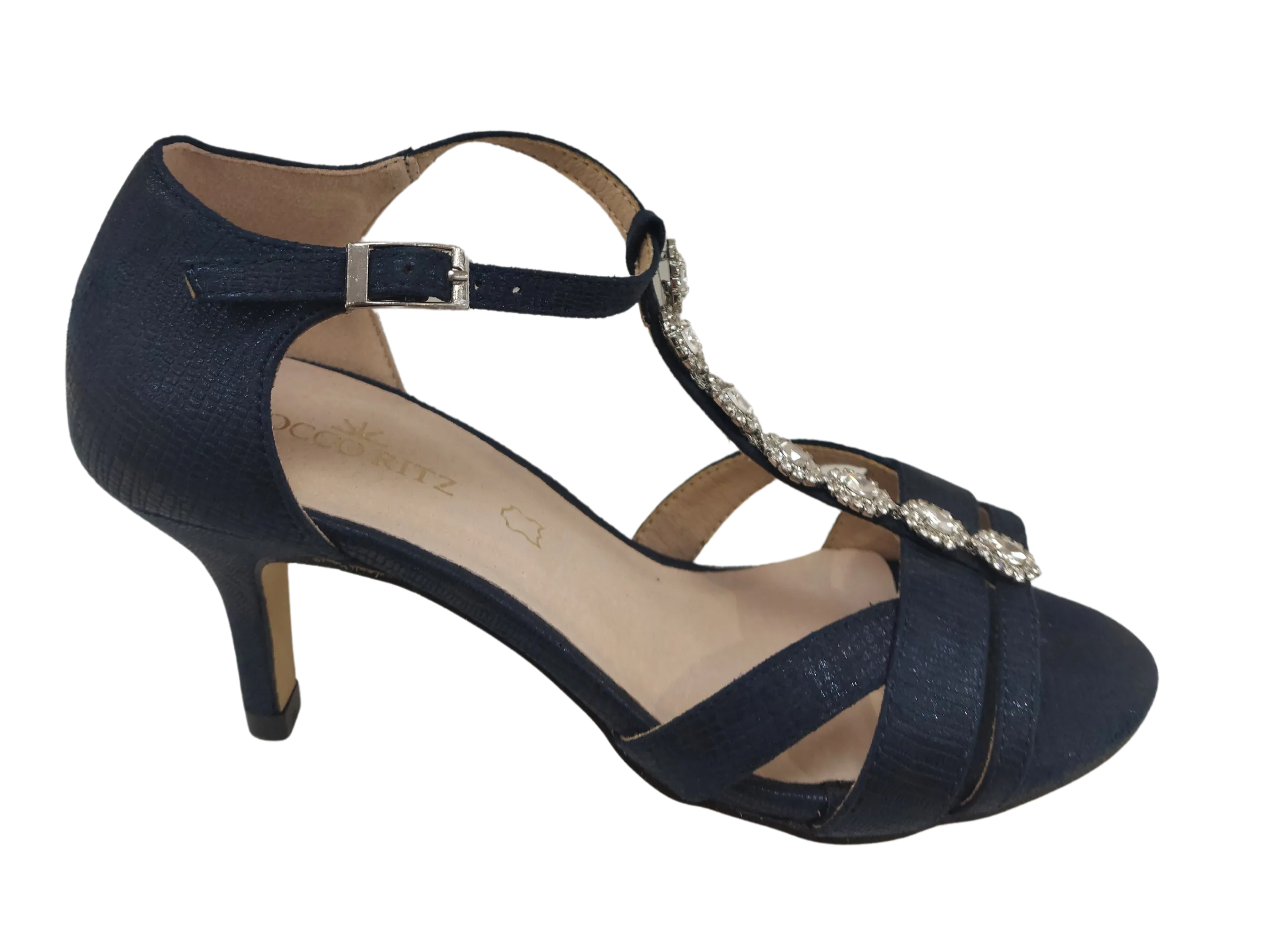 Coco Ritz Ladies Navy Diamonte T-Bar Sandal 1007
