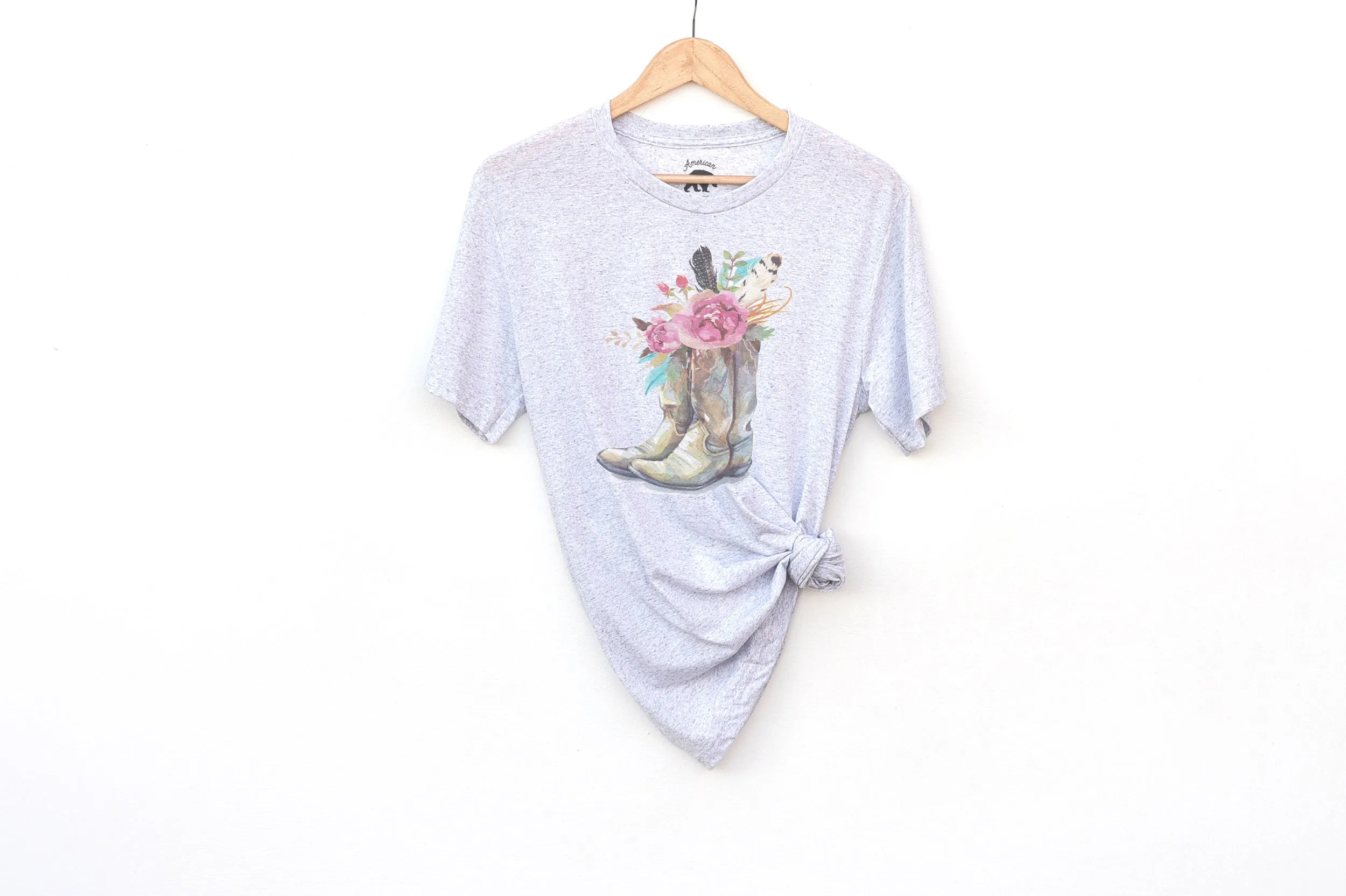 Country Boho Boots with Flowers and Feathers Adult Shirts