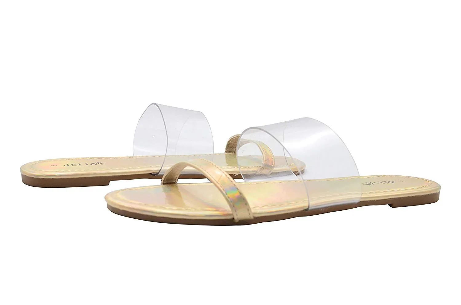 dELiAs Ladies Fashion Sandals Iridescent Metallic Slip On Flip Flop Flats with Vinyl Upper