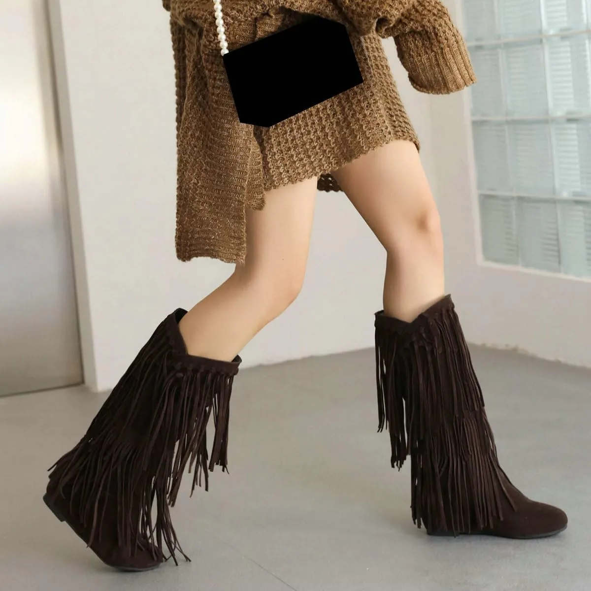 DINTAHA Fringe Suede Boots Flat Knee High Boots With Tassel Long Tall Pull On Boots