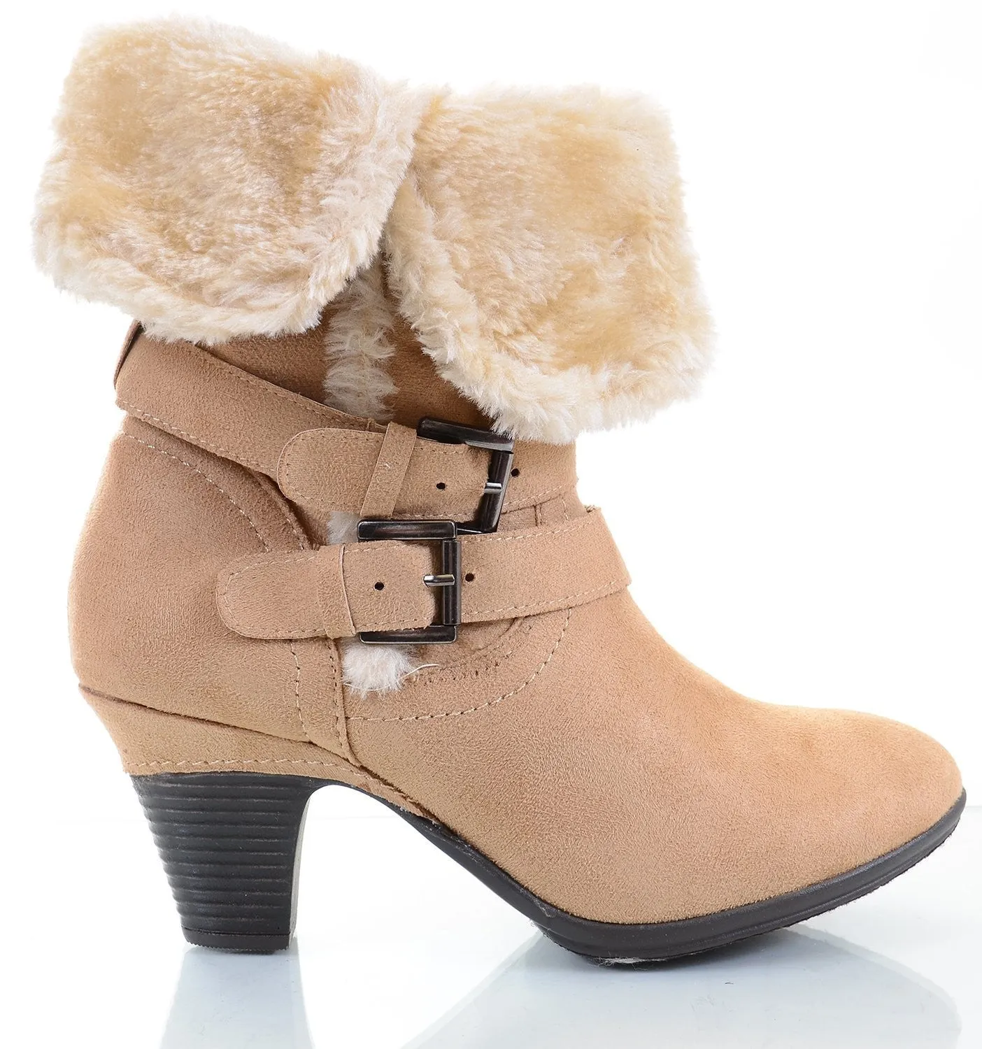 Furry Fold Over Buckle Straps Mid Calf Ankle Chunky Boots