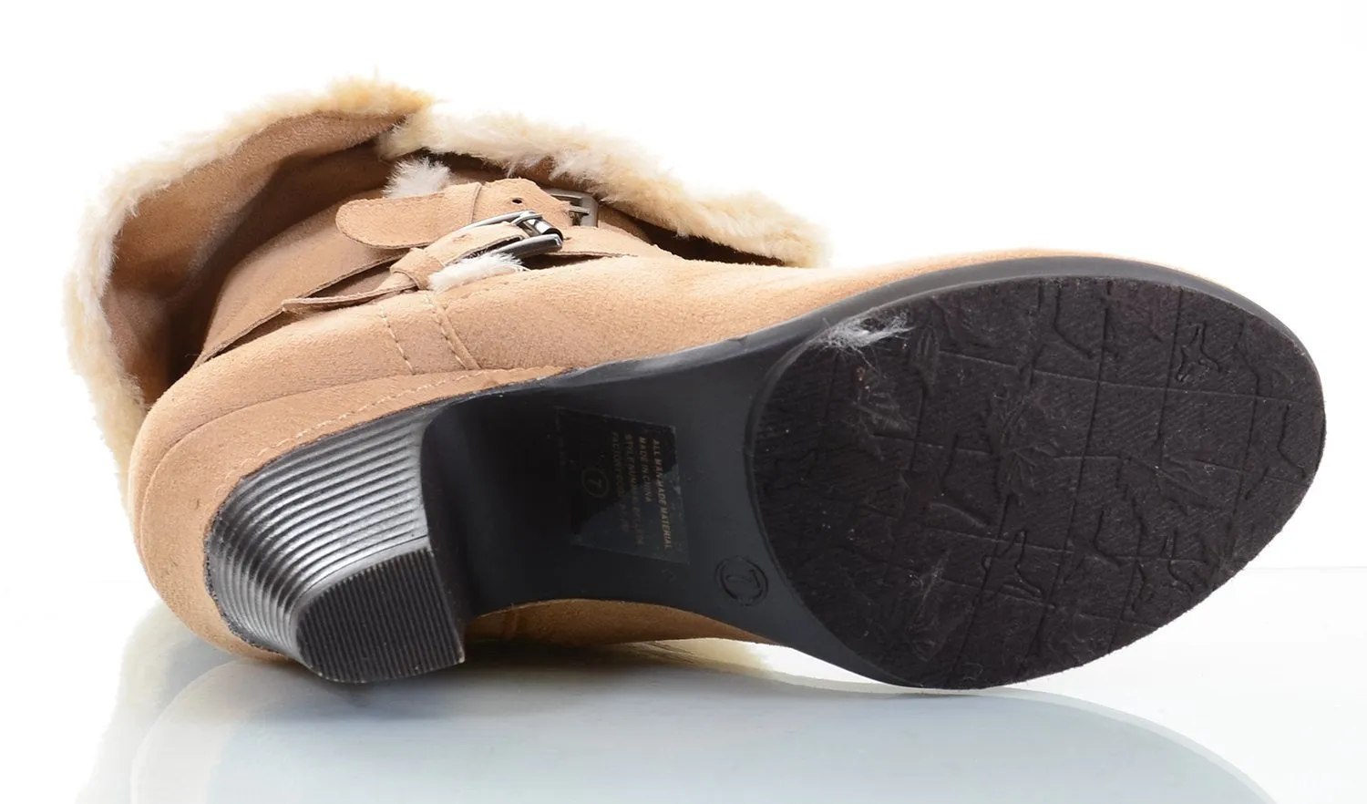 Furry Fold Over Buckle Straps Mid Calf Ankle Chunky Boots