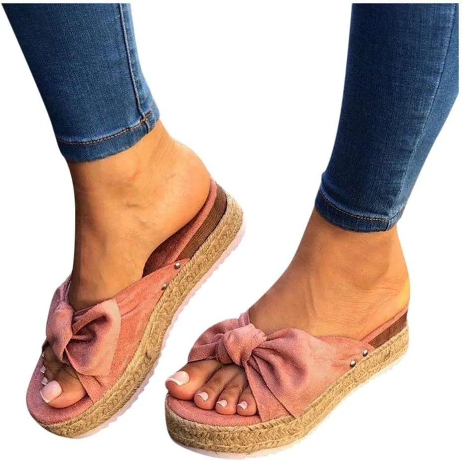 Gibobby Sandals for Women Flat,Slip On Platform Bow Knot Summer Comfy Casual Bow Espadrilles Sandals Platform Slides