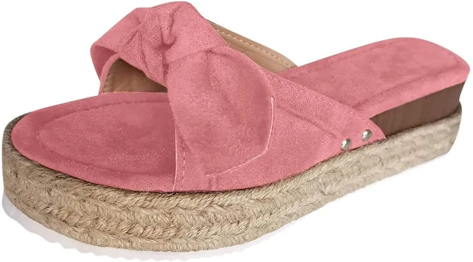 Gibobby Sandals for Women Flat,Slip On Platform Bow Knot Summer Comfy Casual Bow Espadrilles Sandals Platform Slides