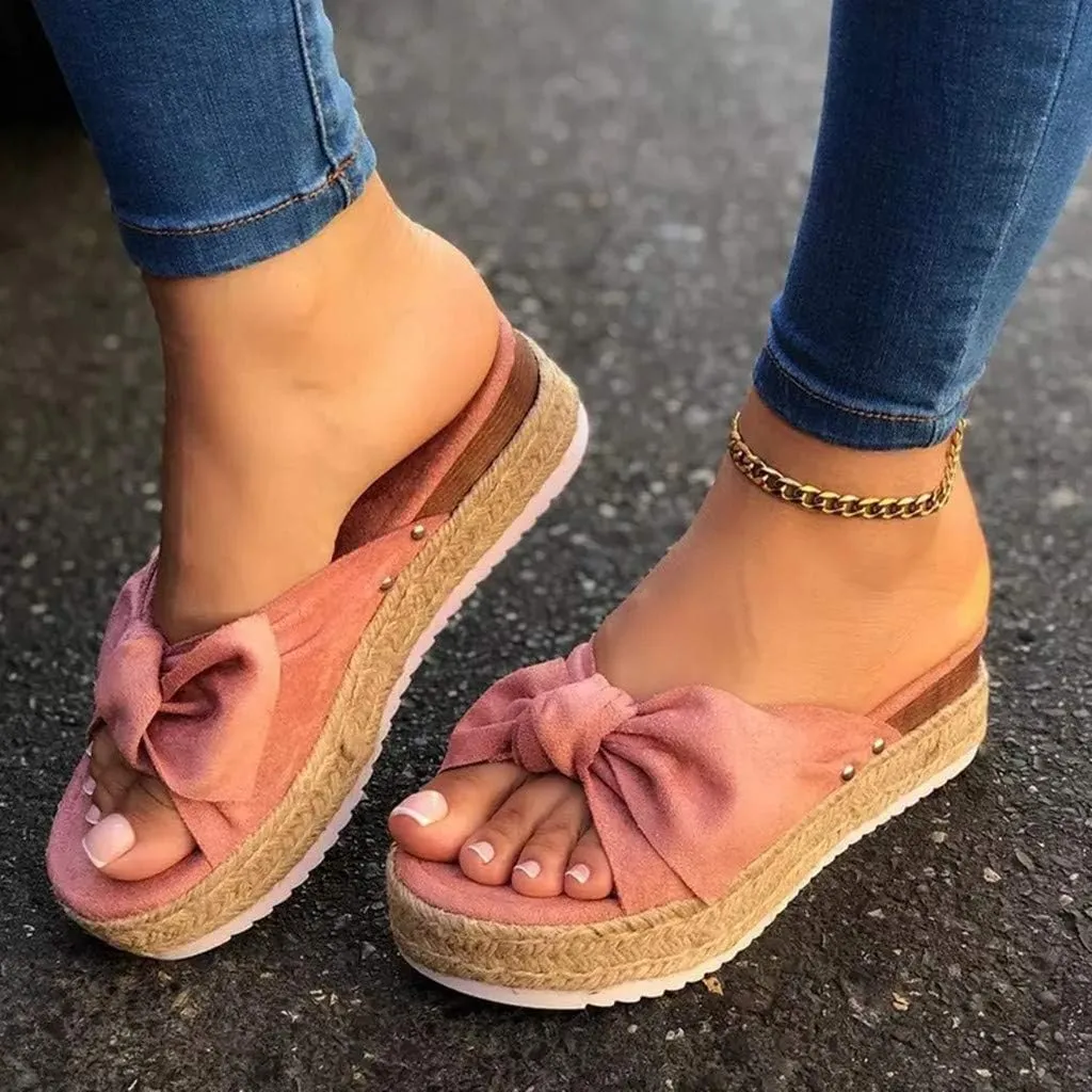 Gibobby Sandals for Women Flat,Slip On Platform Bow Knot Summer Comfy Casual Bow Espadrilles Sandals Platform Slides
