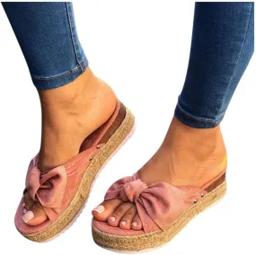 Gibobby Sandals for Women Flat,Slip On Platform Bow Knot Summer Comfy Casual Bow Espadrilles Sandals Platform Slides