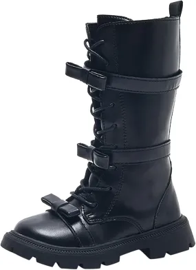 Girl's Knee High Boots Lace-Up Side Zipper Combat Riding Boots Fuax Leather Military Boots Toddler/Little Kid/Big Kid