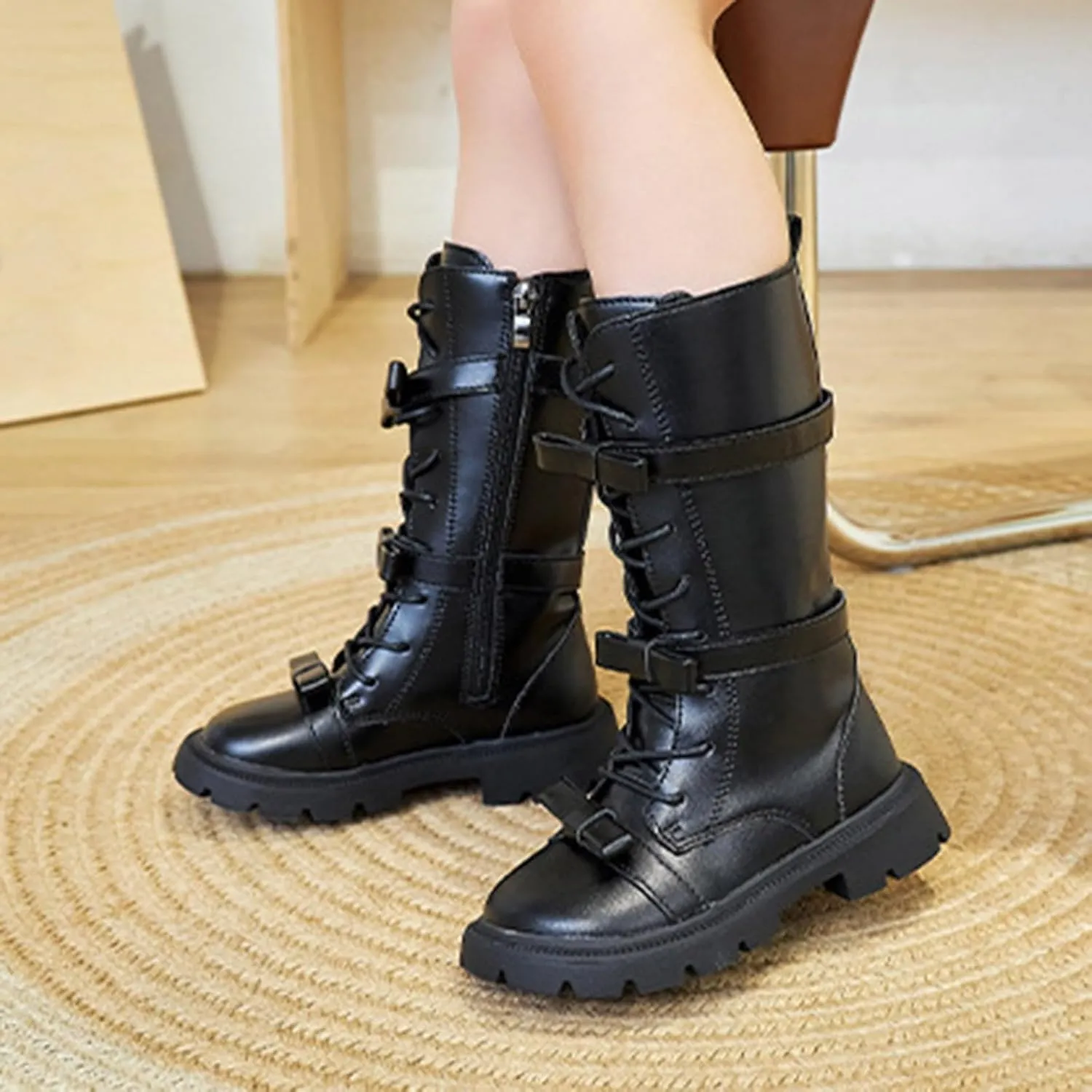 Girl's Knee High Boots Lace-Up Side Zipper Combat Riding Boots Fuax Leather Military Boots Toddler/Little Kid/Big Kid