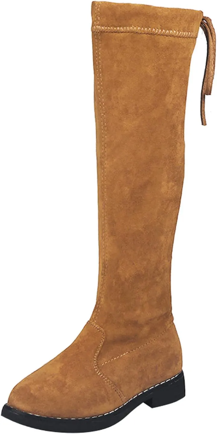 Girl's Knee Length Boots Ties Side Zipper Suede Over Knee Long High Boots Round Toe Low Heel Fashion Riding Shoes