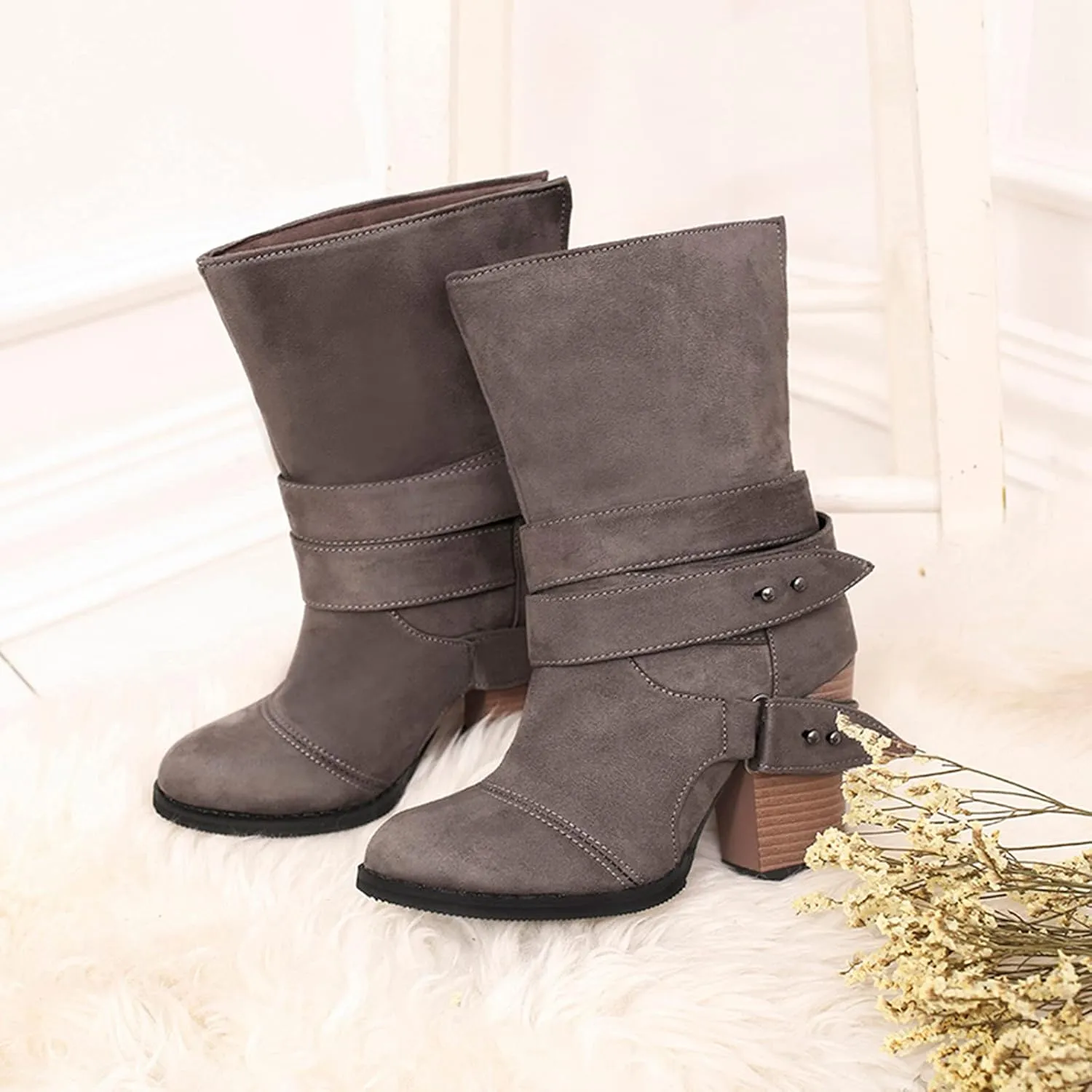Hiking Boots Women Retro Belt Buckle Mid-Calf Western Cowboy Boots Pull On Chunky Heel Ankle Work Boots