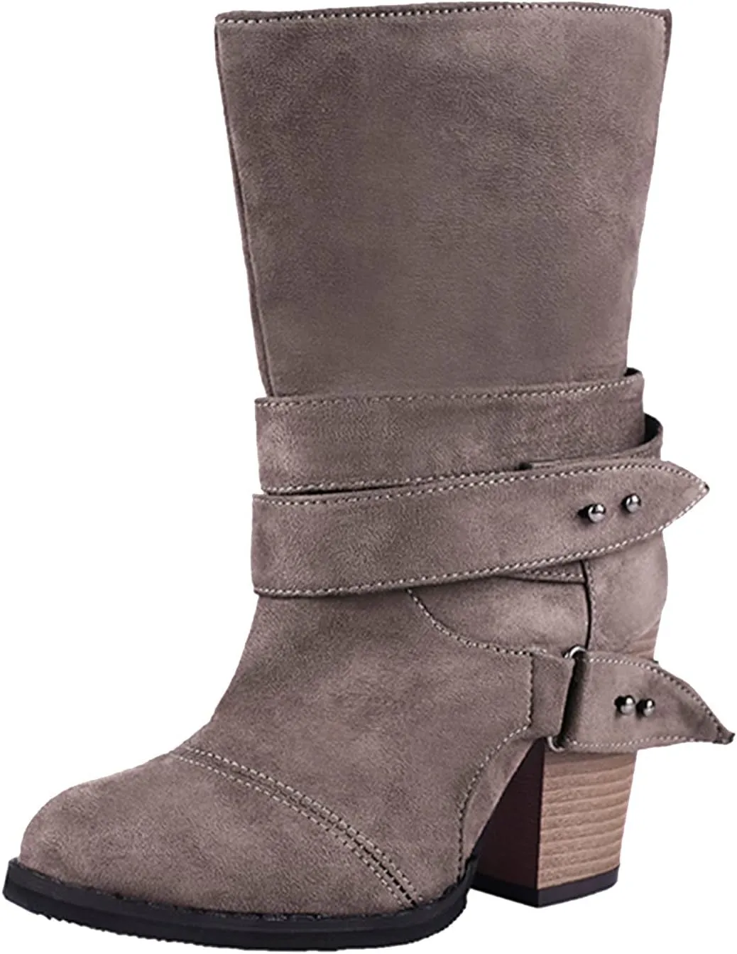 Hiking Boots Women Retro Belt Buckle Mid-Calf Western Cowboy Boots Pull On Chunky Heel Ankle Work Boots