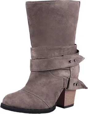 Hiking Boots Women Retro Belt Buckle Mid-Calf Western Cowboy Boots Pull On Chunky Heel Ankle Work Boots
