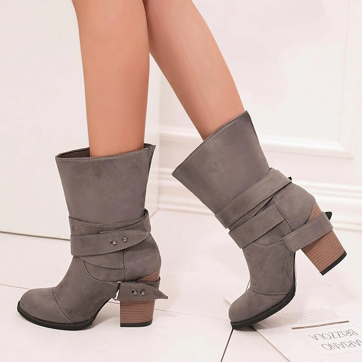 Hiking Boots Women Retro Belt Buckle Mid-Calf Western Cowboy Boots Pull On Chunky Heel Ankle Work Boots
