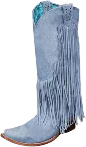 Hiking Boots Women Tassel Western Chunky Heel Cowgirl Boots Retro Pull On Suede Knee High Cowboy Boots