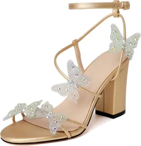 Joseywade Butterfly Heels Heeled Sandals Rhinestone Crystal Butterflies Heels Open Toe Chunky Block High Heels 3.5 Inch Women's Shoes