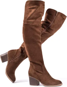 Katliu Women's Knee High Suede Chunky Heel Dressy Over the Knee Side Zipper Winter Long Boots