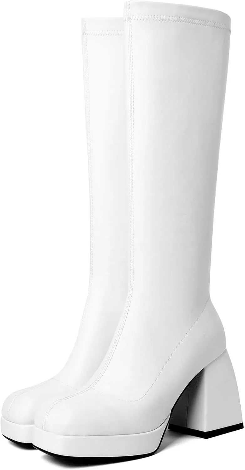 Knee High Go Go Boots - Tall Women's Square Toe Chunky Heel Platform Long Boots