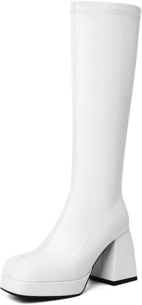 Knee High Go Go Boots - Tall Women's Square Toe Chunky Heel Platform Long Boots