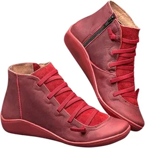 Ladmiple Ankle Boots For Women No Heel Casual High Top Side Zipper Short Booties Western Cowboy Cowgirl Walking Shoes