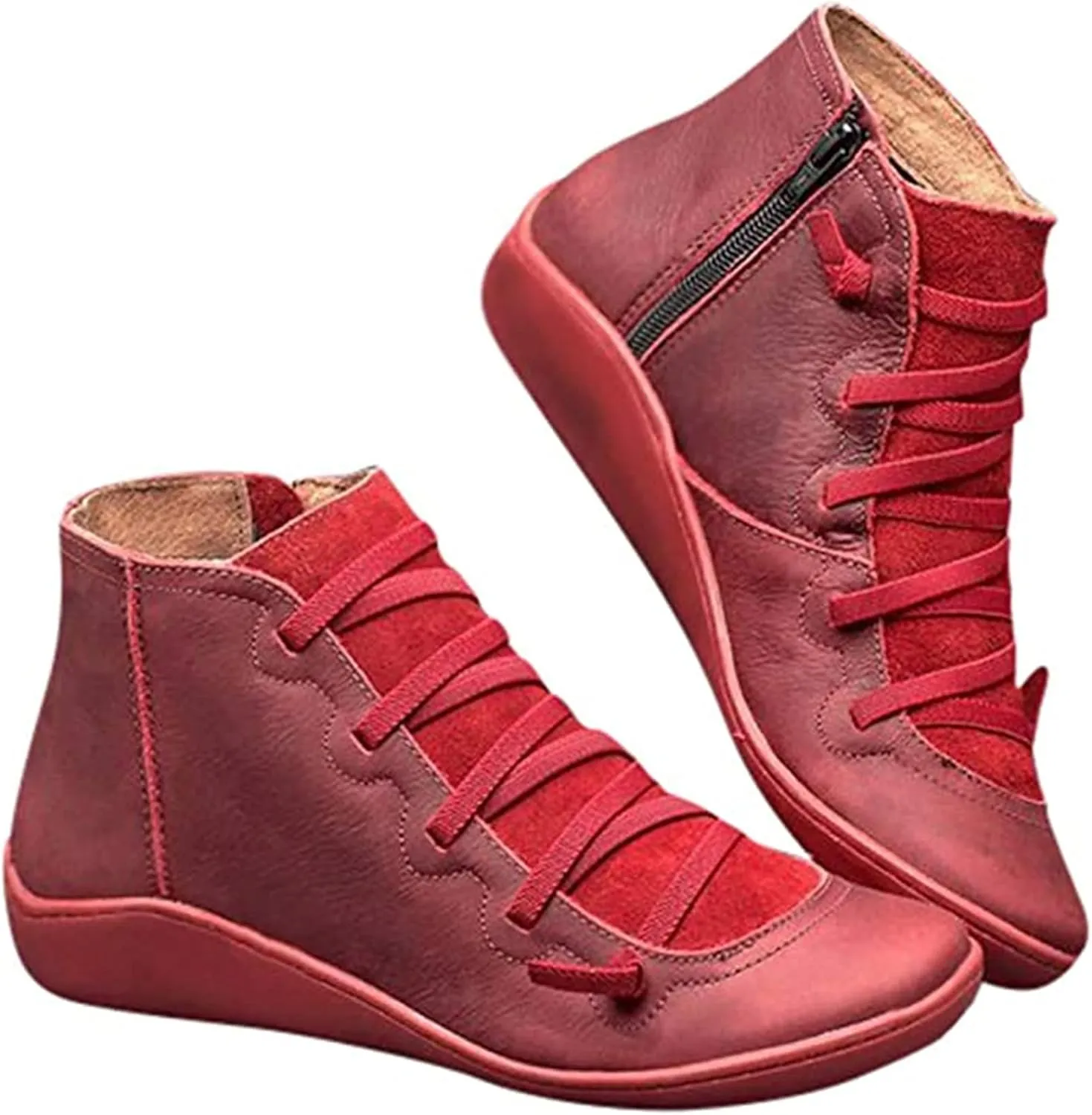 Ladmiple Ankle Boots For Women No Heel Casual High Top Side Zipper Short Booties Western Cowboy Cowgirl Walking Shoes