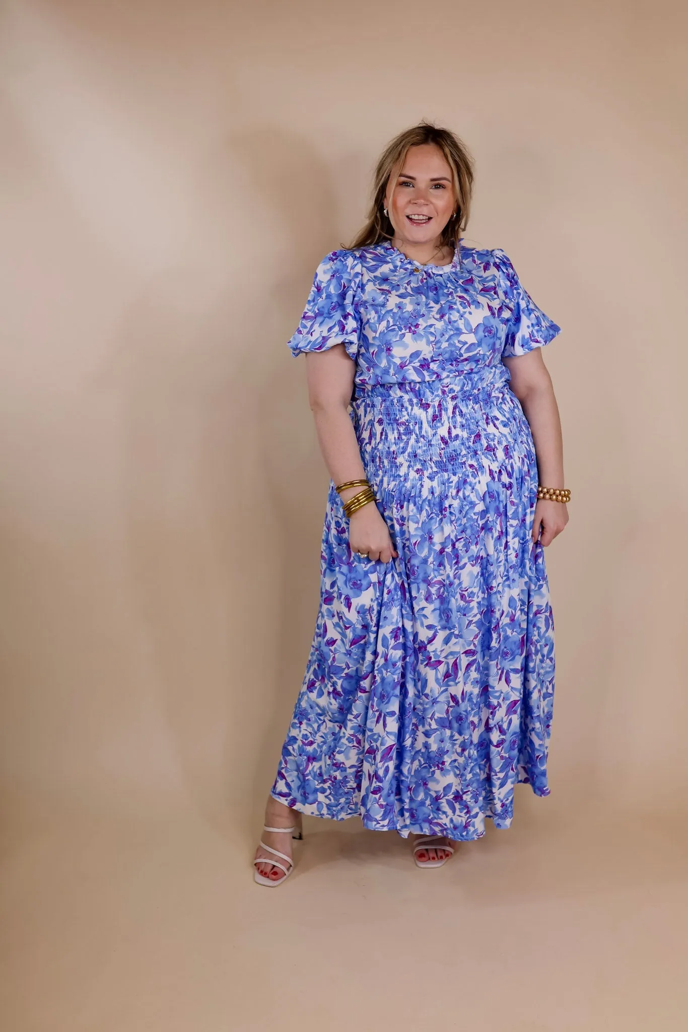 Moonlit Bay Floral High Neck Maxi dress with Smocked Waistline in Blue