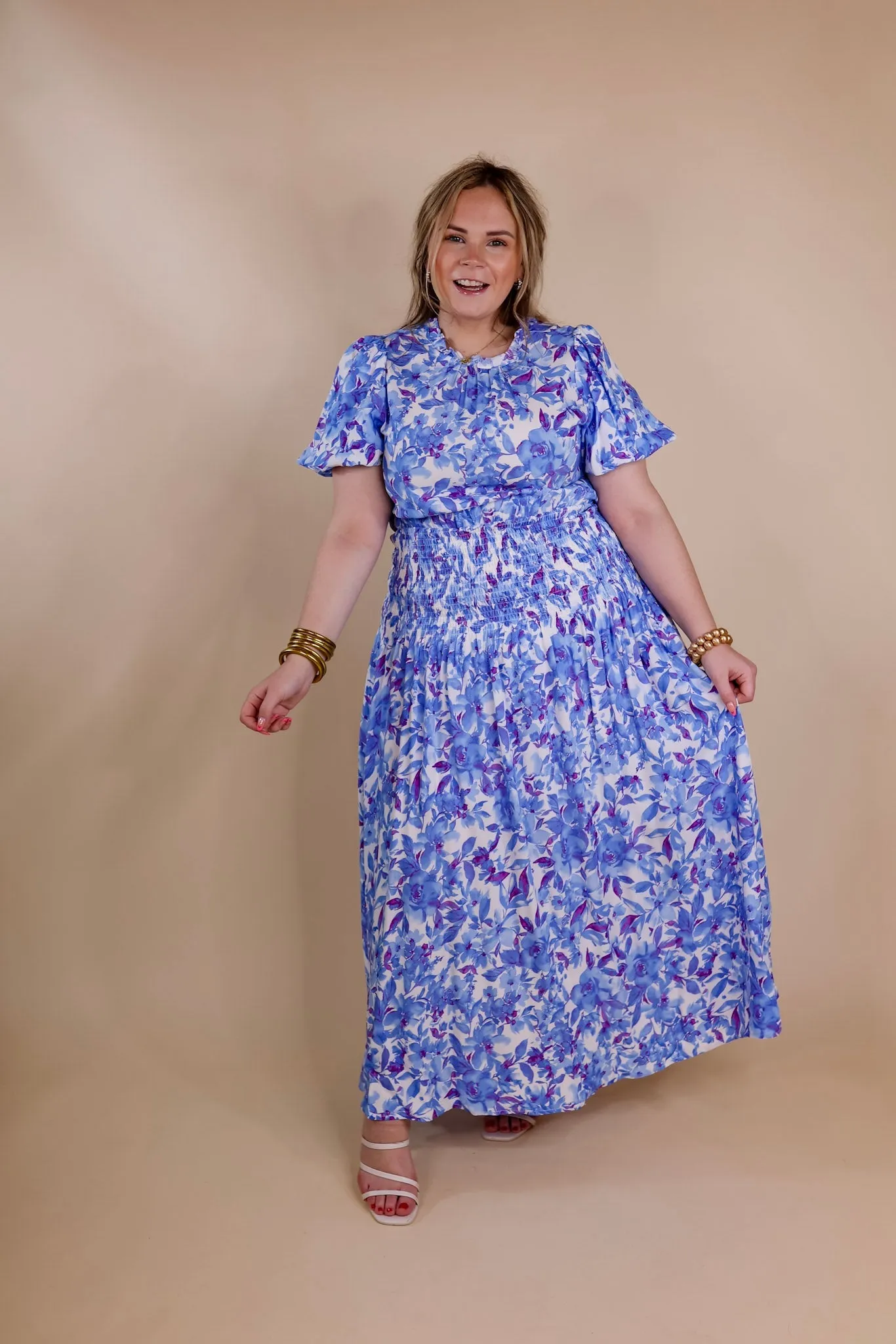Moonlit Bay Floral High Neck Maxi dress with Smocked Waistline in Blue