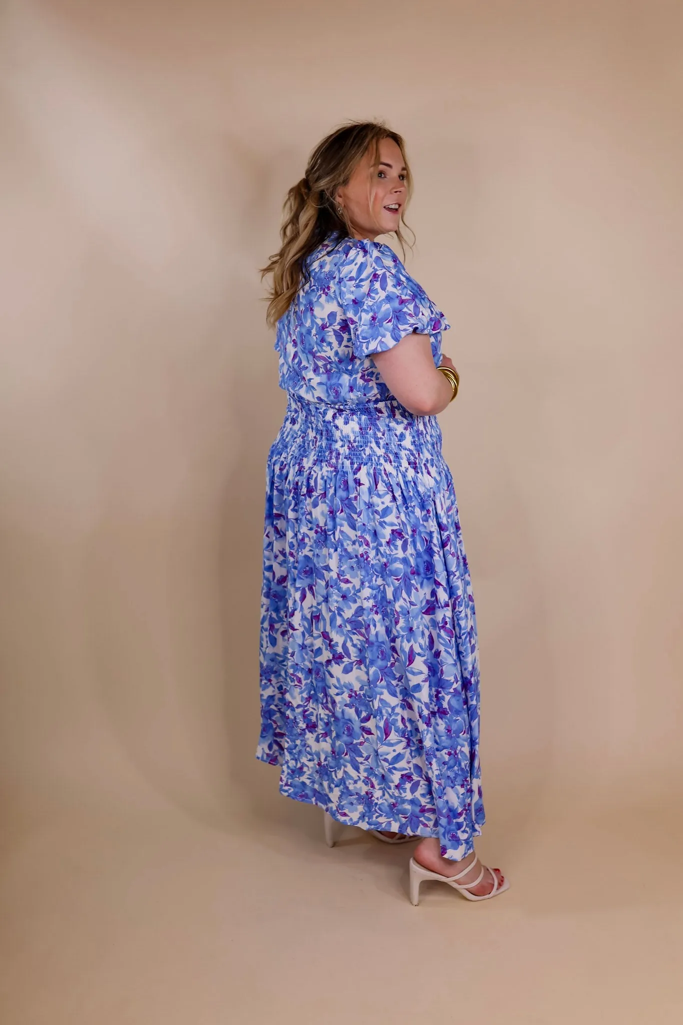 Moonlit Bay Floral High Neck Maxi dress with Smocked Waistline in Blue