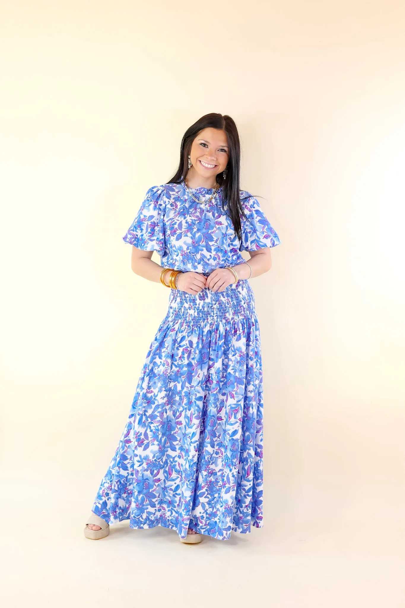 Moonlit Bay Floral High Neck Maxi dress with Smocked Waistline in Blue