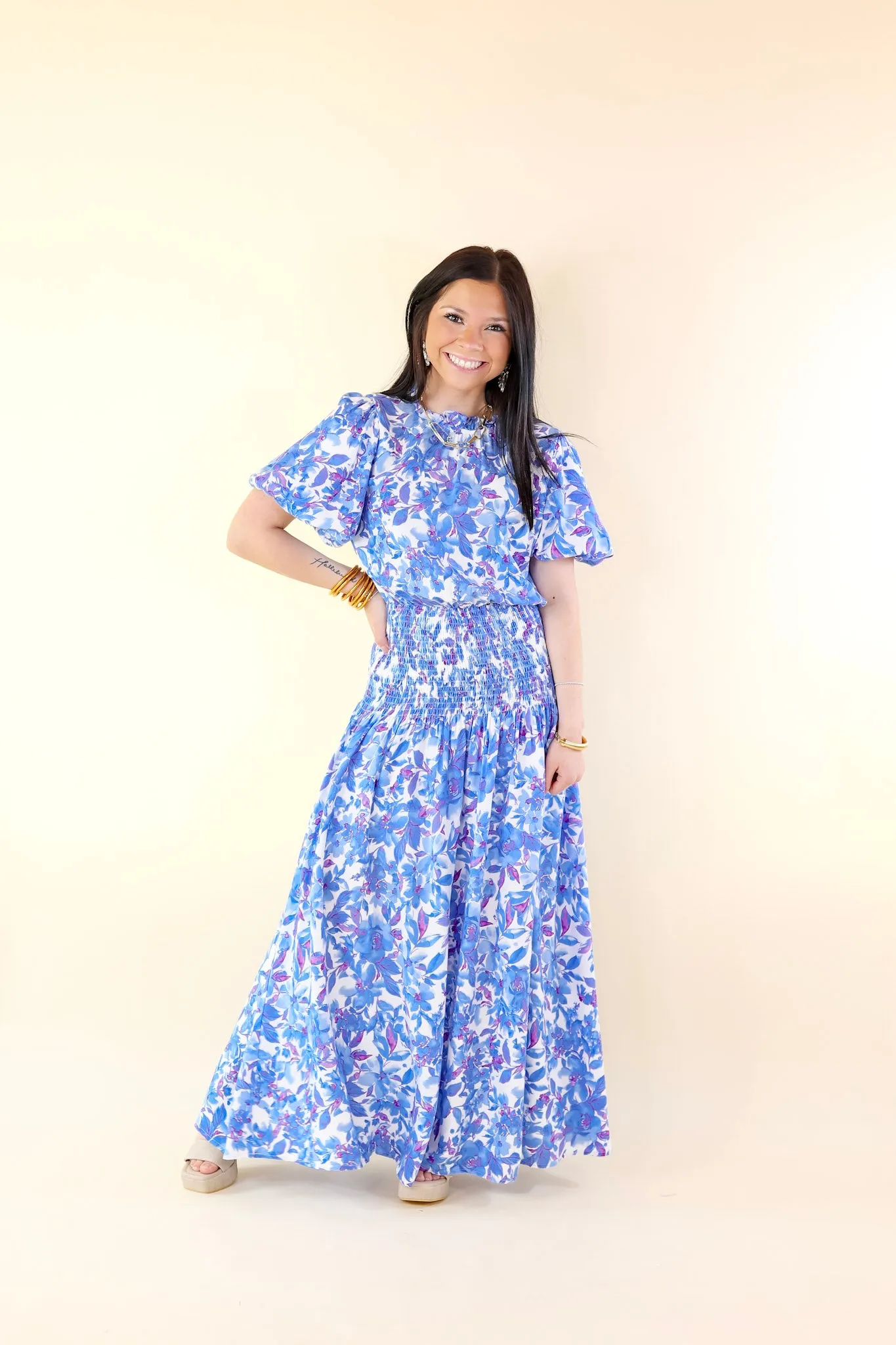Moonlit Bay Floral High Neck Maxi dress with Smocked Waistline in Blue