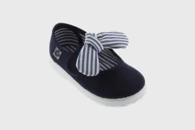 Navy canvas mary jane with striped bow