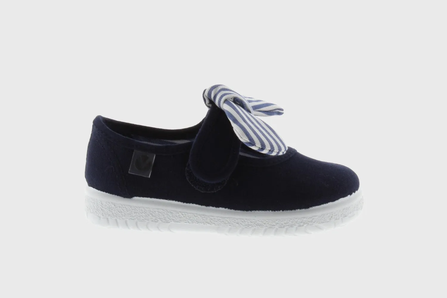 Navy canvas mary jane with striped bow