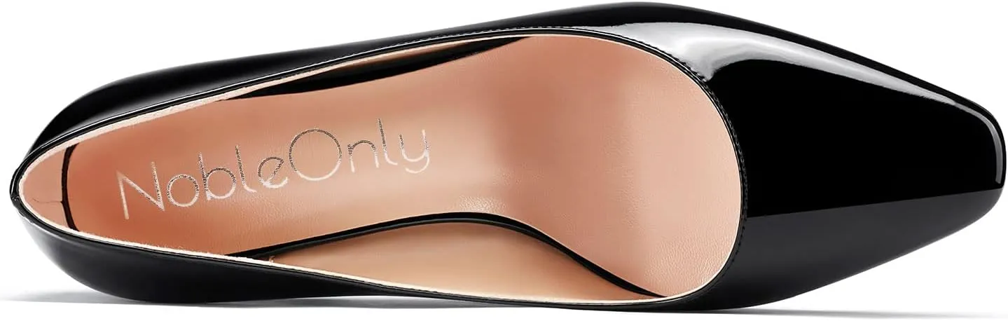 NobleOnly Women High Chunky Block Heel Square Close Toe Slip-on Pumps Classic Cute Dress Shoes 3.3 Inches Heels