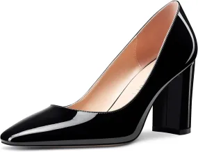 NobleOnly Women High Chunky Block Heel Square Close Toe Slip-on Pumps Classic Cute Dress Shoes 3.3 Inches Heels