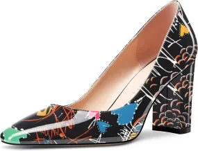 NobleOnly Women High Chunky Block Heel Square Close Toe Slip-on Pumps Classic Cute Dress Shoes 3.3 Inches Heels