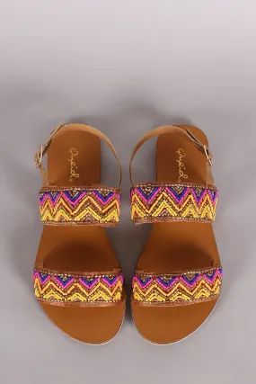 Qupid Double Straps Beadwork Slingback Flat Sandals