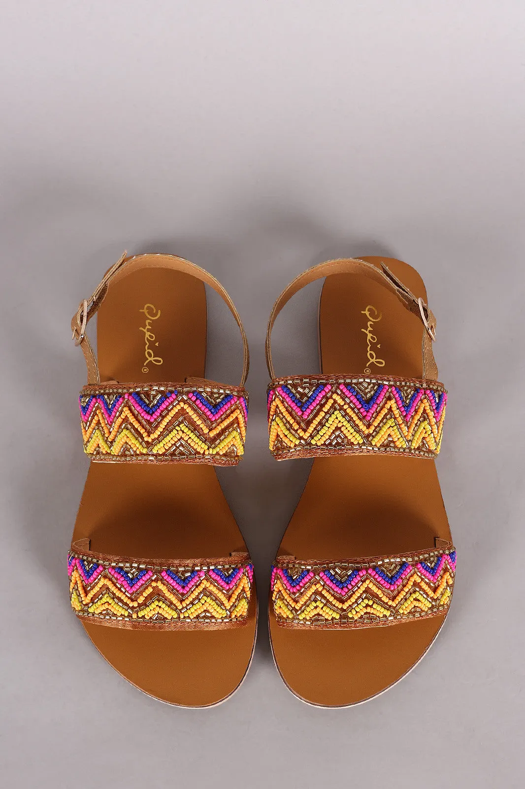 Qupid Double Straps Beadwork Slingback Flat Sandals