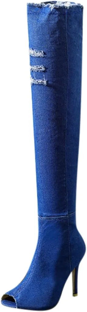 SACFOF Women's Denim Thigh High Boots Peep Toe Cutout Over The Knee Jean Stiletto Heeled Long Boots